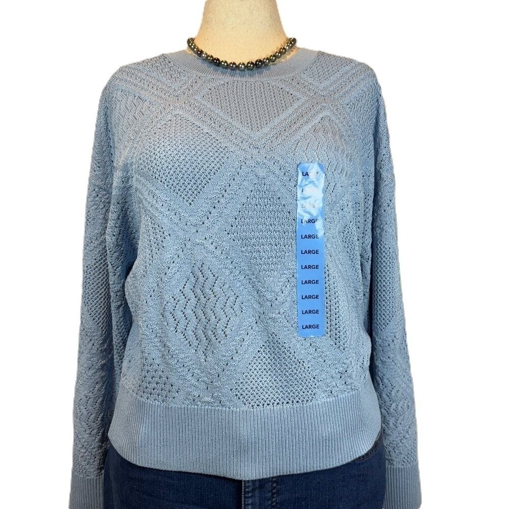 NWT Express Pointelle Diamond Sweater Womens Large Light Blue Lightweight Spring
